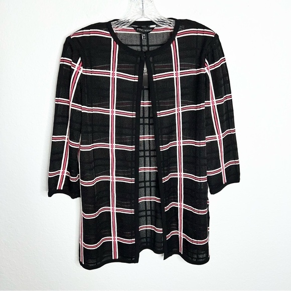 Ming Wang XS Black Red Plaid 3/4 Cardigan Knit Lightweight Jacket Top W - Picture 2 of 12
